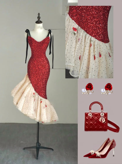 Modest Mermaid Spaghetti Strap Red Sequins College Formal Sweet 16 Outfits Short Prom Dresses For Teens N1177