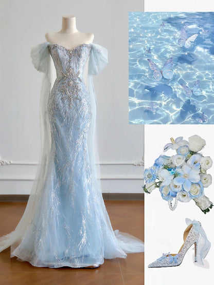 Luxurious Mermaid Off The Shoulder Light Sky Blue With Short Sleeves Prom Dresses Long Evening Formal Birthday Party Gowns N379