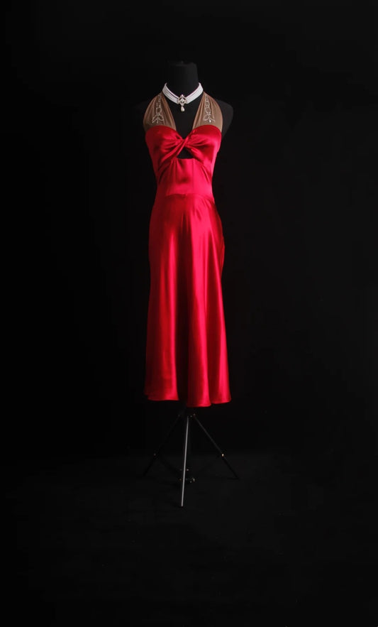 Retro A Line Halter Red Satin Tea Length 90s Short Prom Dresses Inspo 18th Birthday Outfits Formal Dress N493
