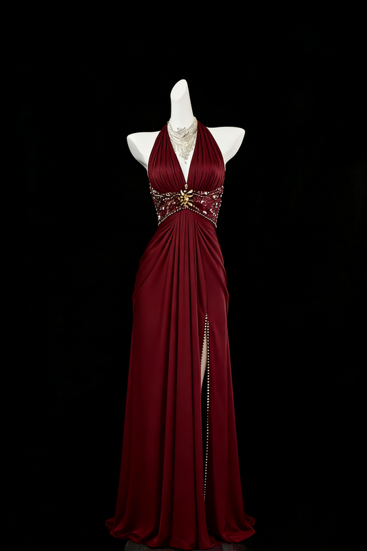 Vintage A Line Halter Burgundy Slit Wedding Guest Dress Satin With Beaded Long Prom Dresses Night Semi Formal Gown N694