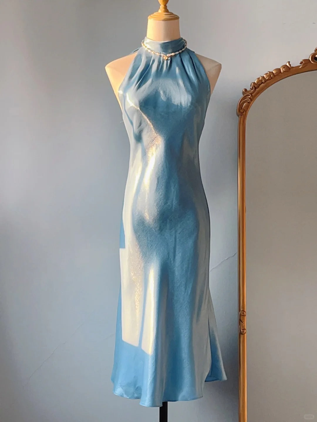 Vintage Prom Dresses 90s Mermaid High Neck Blue With Ruffles Sleeveless Knee Length Evening Formal Outfits RB4257