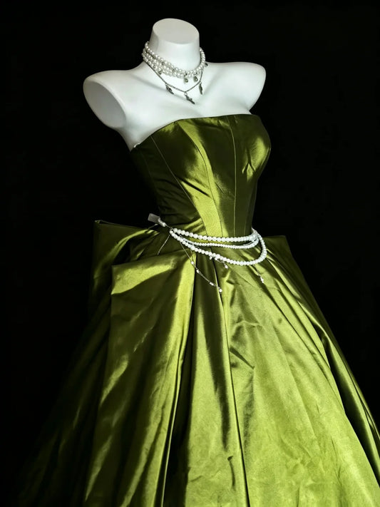 Princess Ball Gown Strapless Olive Green Satin With Ruffles Sweet 16 Dresses Quinceanera Dress N4190