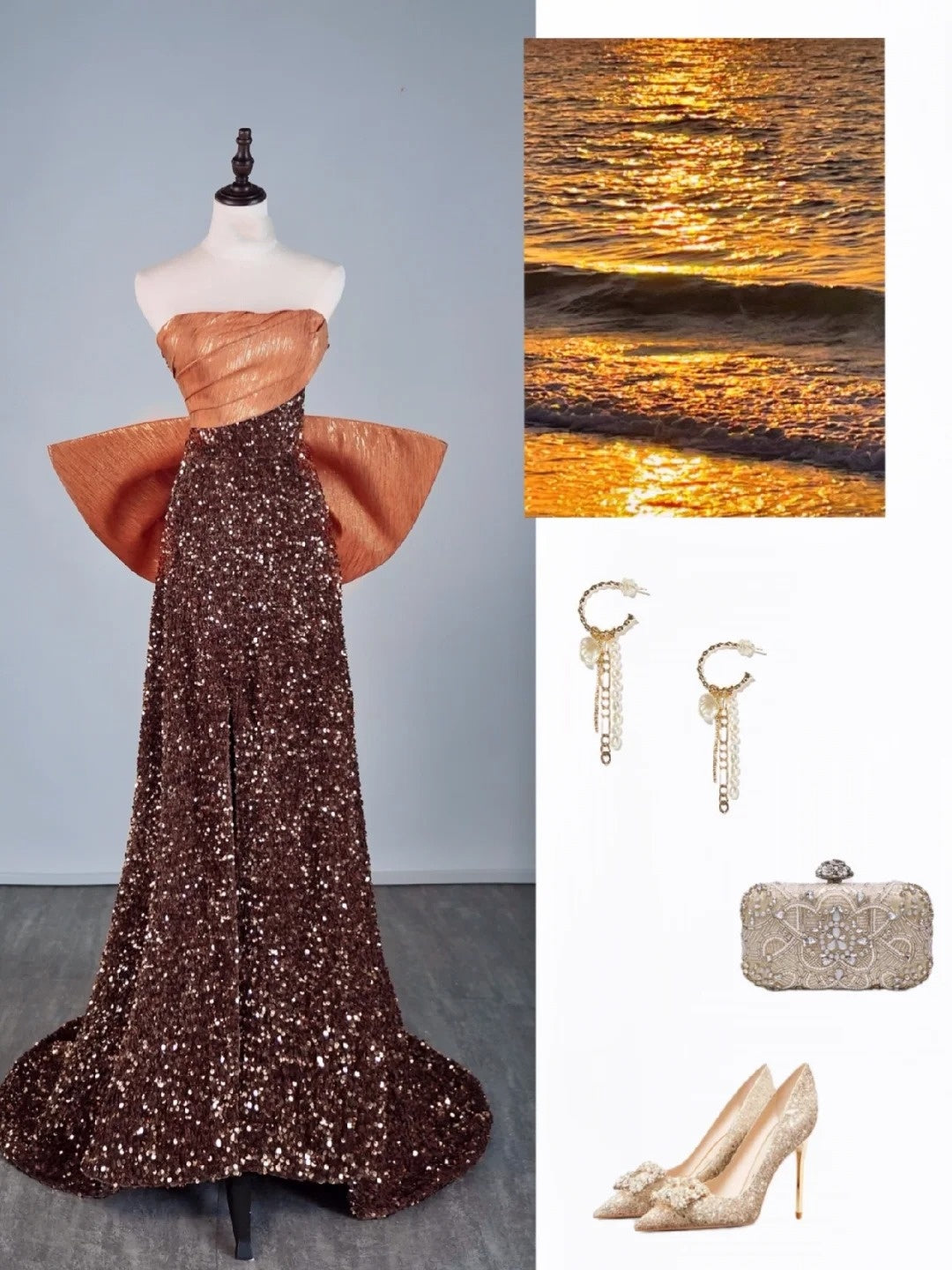 Cute A Line Strapless Brown Sequins Senior Prom Dresses High School Long Formal Dress N1279