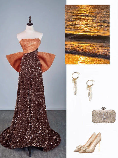 Cute A Line Strapless Brown Sequins Senior Prom Dresses High School Long Formal Dress N1279