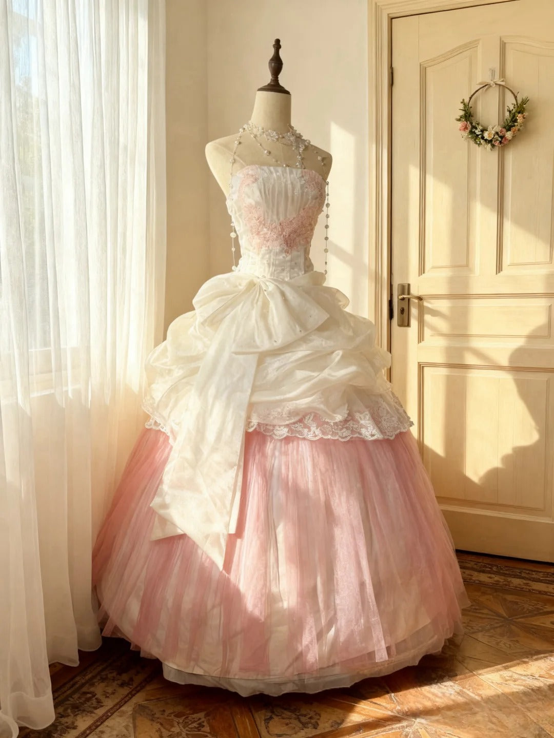 Princess Ball Gown Strapless White And Pink Tulle Long Sweet 15 16 Quinceanera Dresses Seventeen Quince Dress RB4248