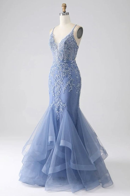 Grey Blue Mermaid Spaghetti Strap Beaded Backless Prom Dress With Appliques AB1710
