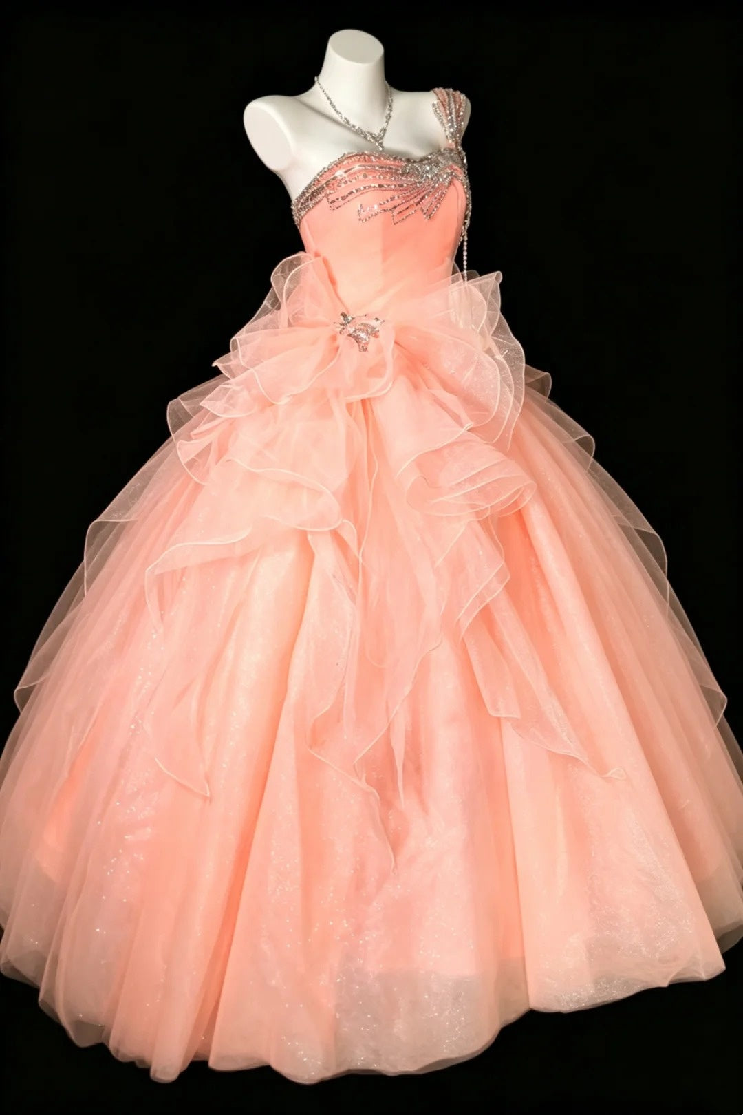 Sweet Ball Gown One Shoulder Coral Pink Tulle With Beaded Quince Dress Long Sweet 15 16 Quinceanera Dresses Vestido de princesa RB4472