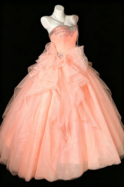Sweet Ball Gown One Shoulder Coral Pink Tulle With Beaded Quince Dress Long Sweet 15 16 Quinceanera Dresses Vestido de princesa RB4472