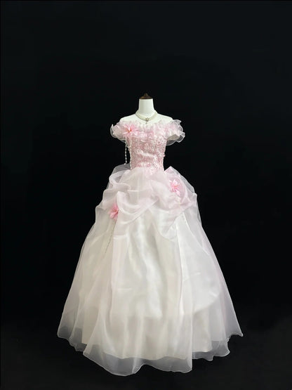 Pink Sweet 16 Dresses Long Ball Gown Off Shoulder With Ruffled Lace Sweet Sixteen Birthday Gown RC0230