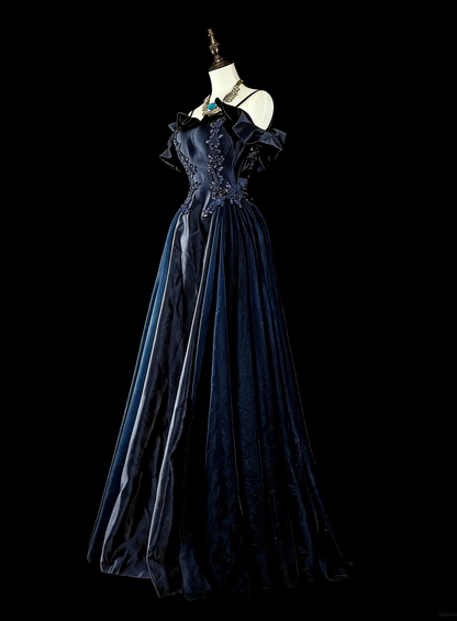 Vintage A line Spaghetti Straps Navy Blue Tulle 80s Evening Gowns Formal Birthday Dress Long Prom Dresses N1754