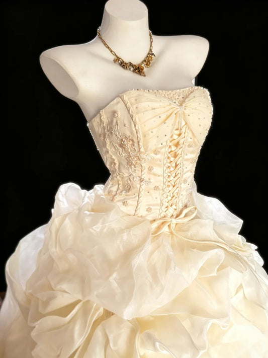 Sweet Ball Gown Strapless Tulle Yellow Tiered Sweet 16 Dresses Quinceanera Dress Long 15 Vestidos De Fiesta N4213