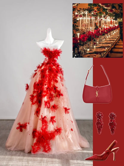 Cute Ball Gown Strapless Red Floral Sleeveless With Applique Pink Tulle Long Quinceanera Dresses Sweet 15 16 Birthday Outfit N676