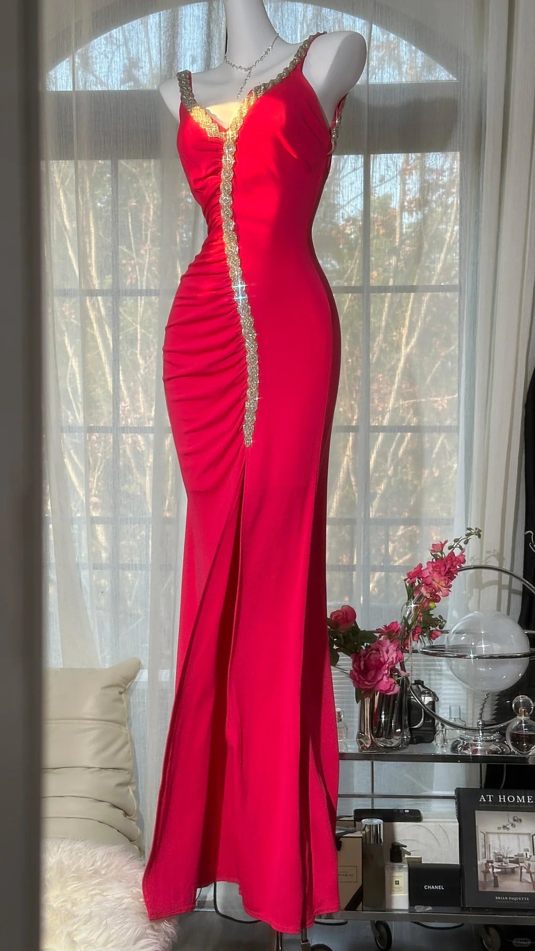 Modest Prom Dresses Mermaid Spaghetti Strap Red Chiffon With Beading Long Evening Outfits N3538