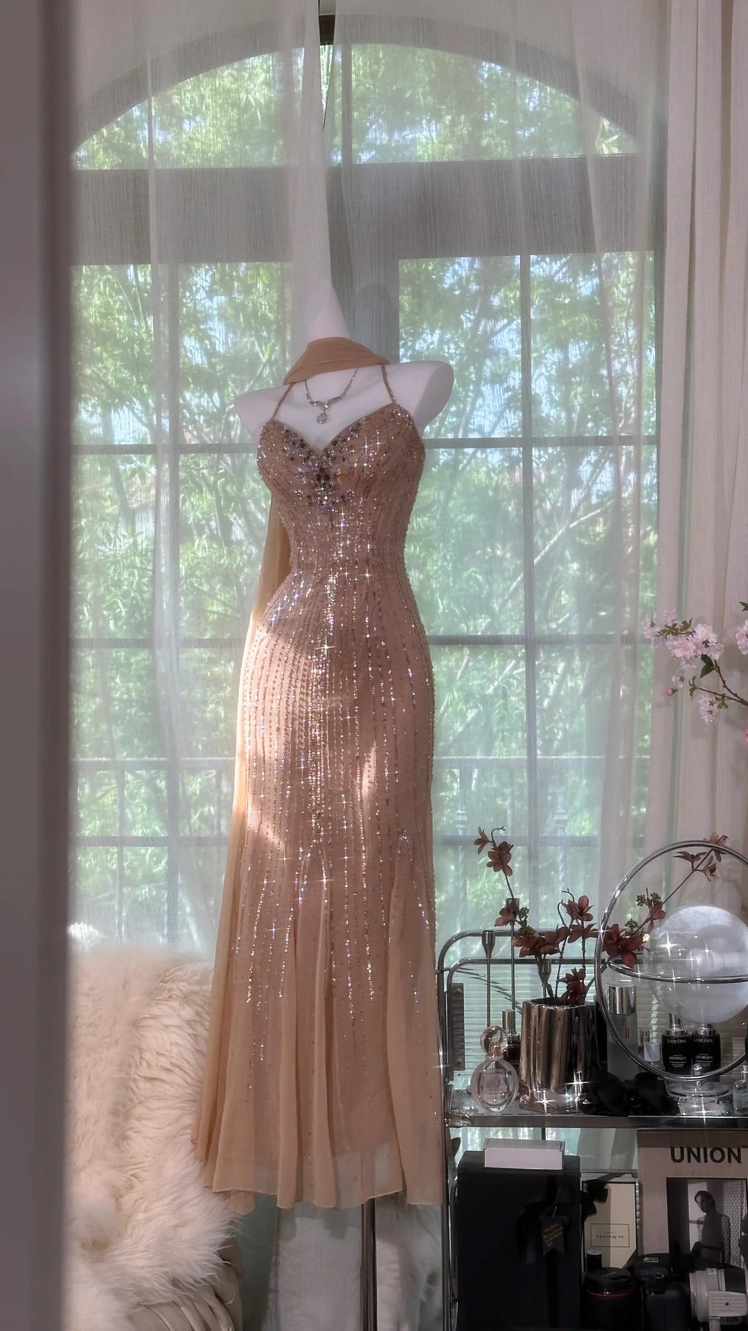 Modest Prom Dresses Mermaid Halter Champagne Chiffon With Beading Long Evening Outfits N3552