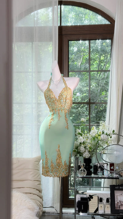 Sexy Short Homecoming Dresses Sheath Halter Mint Green Gold Lace Birthday Sweet 16 Dress Ideas Outfits RB7564