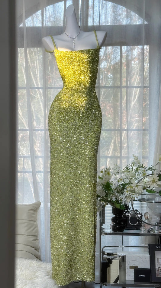 Charming Prom Dresses Mermaid Spaghetti Strap Sequin Green Floor Length Evening Outfits N3546