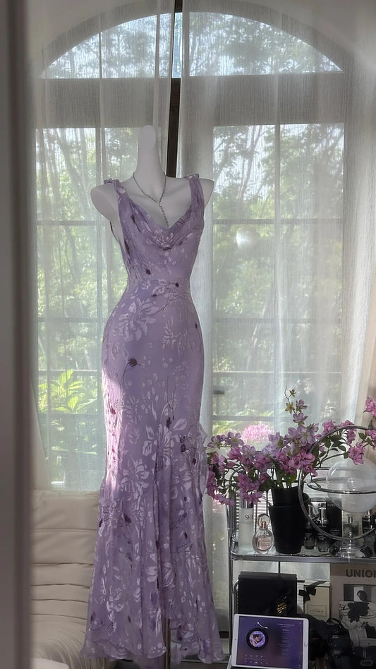 Modest Prom Dresses Mermaid Cowl Neck Lilac Floral Chiffon Sleeveless Evening Outfits N3582