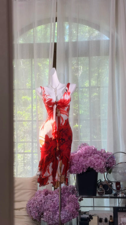 Vintage Hoco Dress Mermaid V Neck Red Floral Short Length Homecoming Party Dresses RB9787