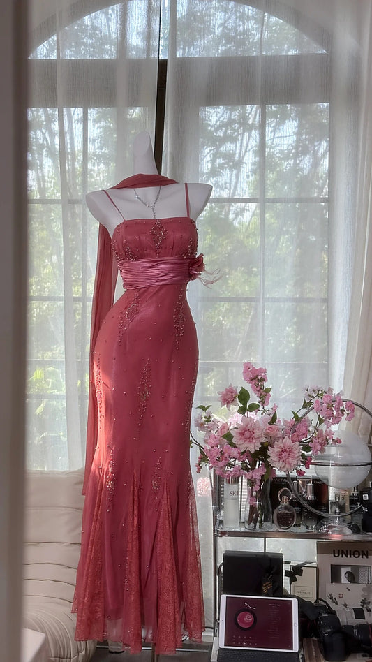 Modest Prom Dresses Mermaid Spaghetti Strap Coral Chiffon With Beading Long Lace Evening Outfits N3537