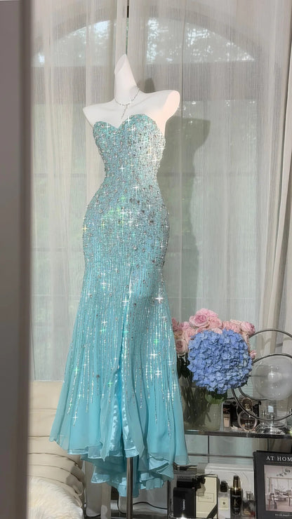 Sparkly Mermaid Sweetheart Blue Sequin With Beads Long Prom Dresses Formal Outfits RB3887