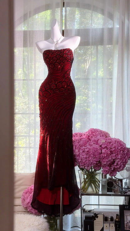 Prom Dress Mermaid Strapless Burgundy Chiffon Beaded Floor Length High School Graduation Party Dresses RC1099
