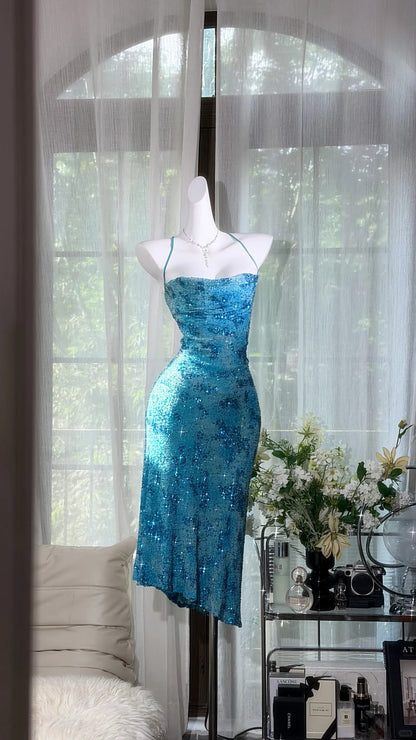 Classic Mermaid Halter Blue Sequin With Beads Midi Tea Length Prom Dresses Inspo Formal Outfits RB4509