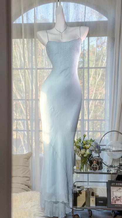 Elegant Prom Dresses Mermaid Spaghetti Strap Light Sky Blue Chiffon Floor Length Formal Evening Outfits N3522