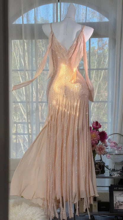 Modest Prom Dresses Mermaid Spaghetti Strap Blush Pink Chiffon With Beading Floor Length Evening Outfits N3531