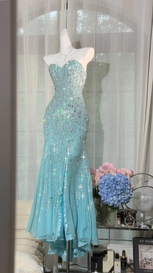 Classic Mermaid Sweetheart Blue Chiffon With Silver Beads Floor Length Prom Dresses Inspo Formal Outfits RB4508