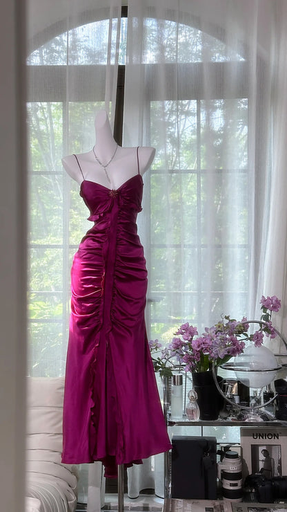Modest Prom Dresses Mermaid Spaghetti Strap Satin Sleeveless Slit Tea Length Evening Outfits N3569