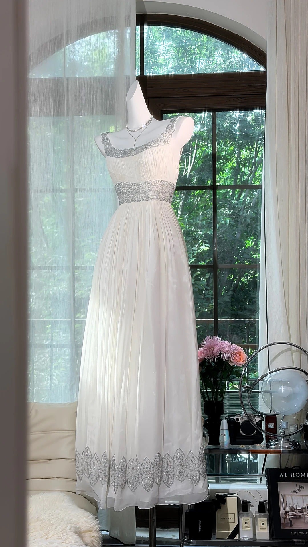 Vintage A line Square Neck White Chiffon With Beading Long Prom Dress Formal Outfits Party Dresses RB7559