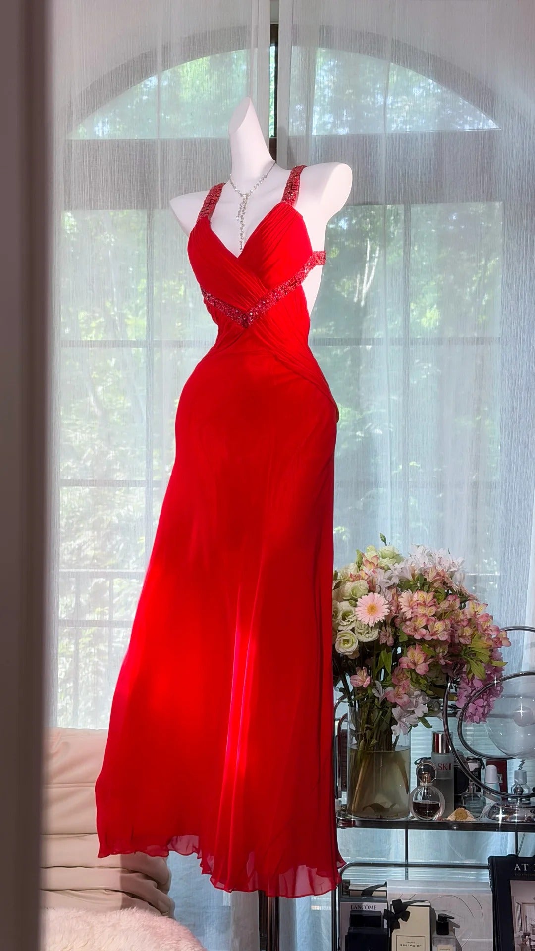 Sparkly Mermaid Straps Sweetheart Red Chiffon With Beading Prom Dress Formal Outfits Party Dresses RB7567