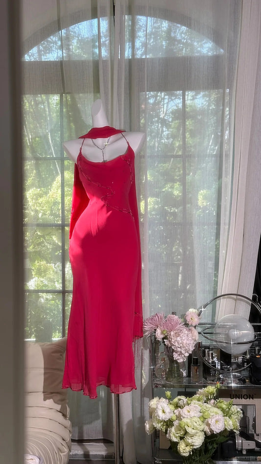 Charming Prom Dresses Mermaid Spaghetti Strap Red Chiffon Tea Length Evening Outfits N3548