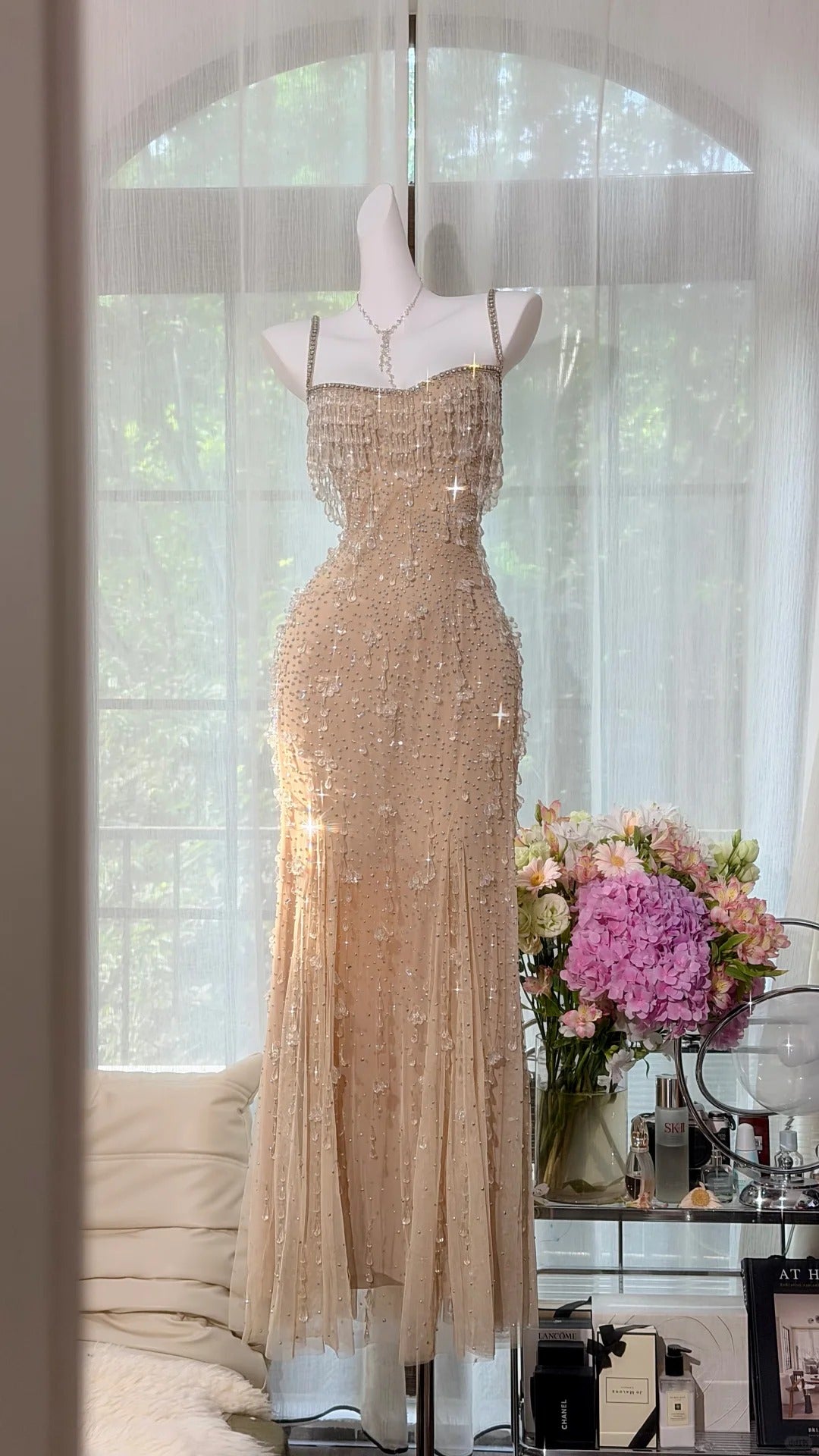 Vintage Mermaid Spaghetti Strap Champagne Tulle With Beading Prom Dress Formal Outfits Party Dresses RB7565