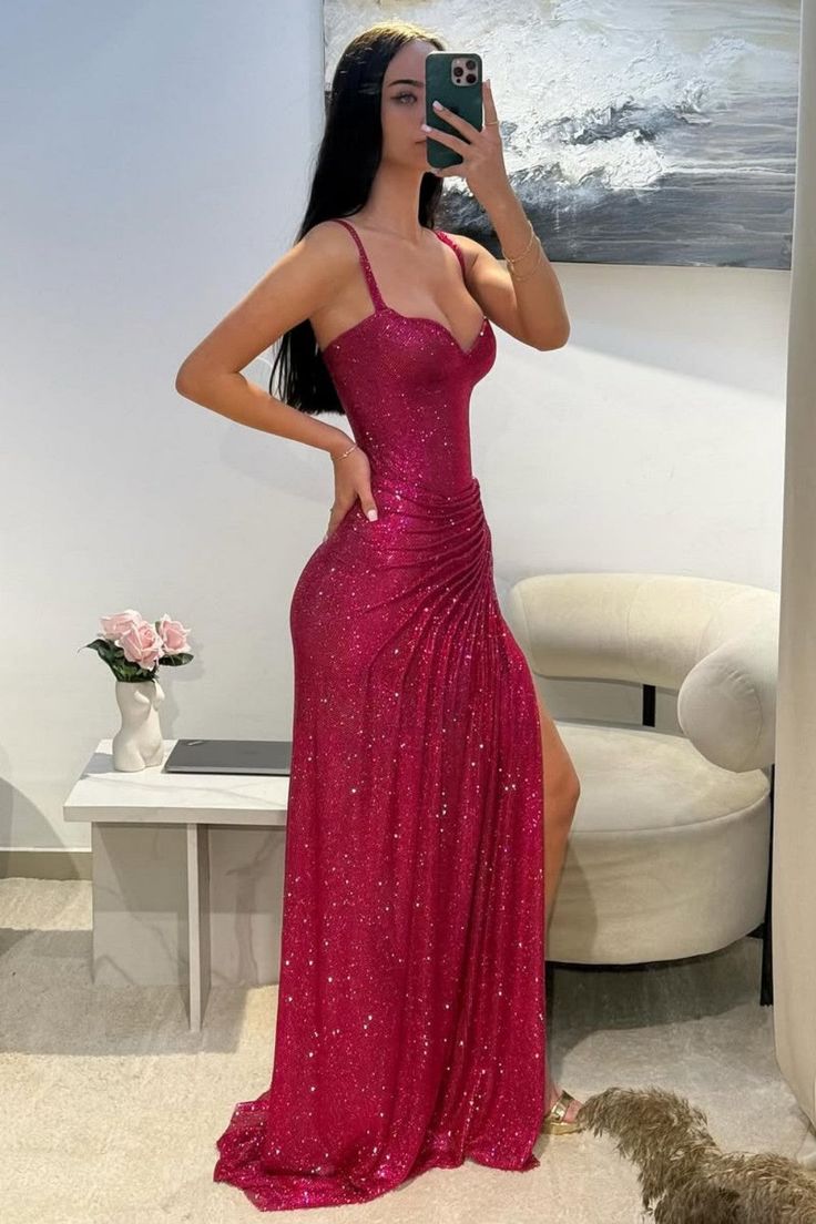 Glitter Bodycon Prom Dress with Sweetheart Neck Spaghetti Straps Ruched Side Slit For Teens High Schools AB1989