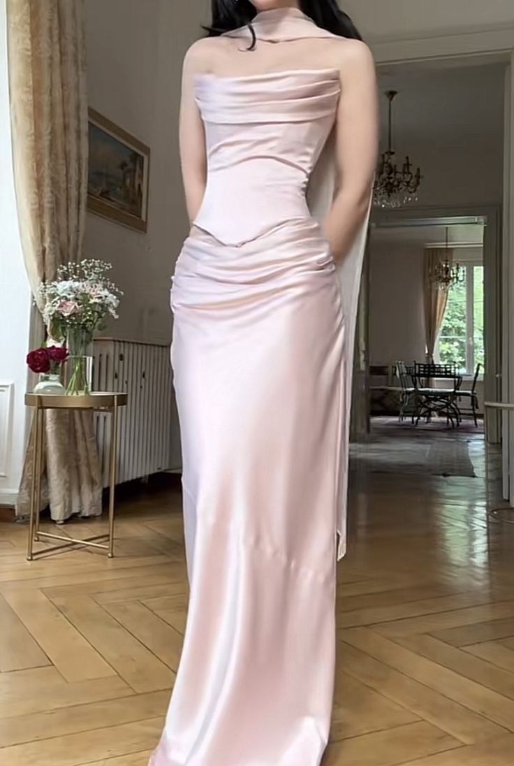 Simple Mermaid Strapless Pink Satin With Pleated Scarf Long Prom Dresses Formal Dress Party 20th Birthday Outfits N411