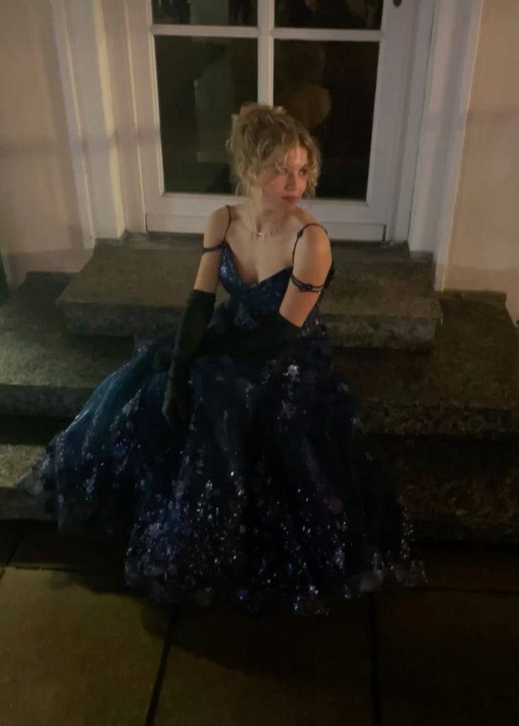 Vintage A line Spaghetti Strap Navy Blue 90s Prom Dresses For Teens Formal Dress Party Outfits Prom Gowns AB1052