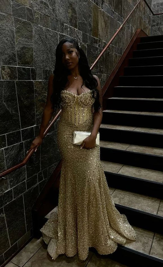 Mermaid Gold Sequin Long Prom Gown Lace Up Back Evening Dress For Plus Size Black People Girls N828