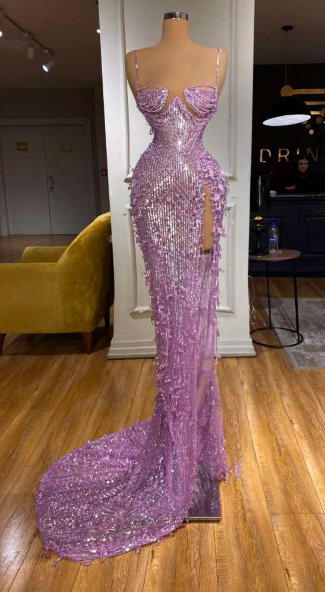 Classy Mermaid Spaghetti Strap Sequin With Beaded Split Bodice Long Prom Dresses Formal Dress 20th Birthday Outfits N121