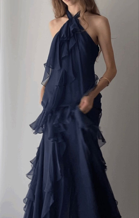 Stunning A Line Halter Navy Blue Chiffon Long Prom Dresses Inspiration Unique Party Formal Graduation Dress N121