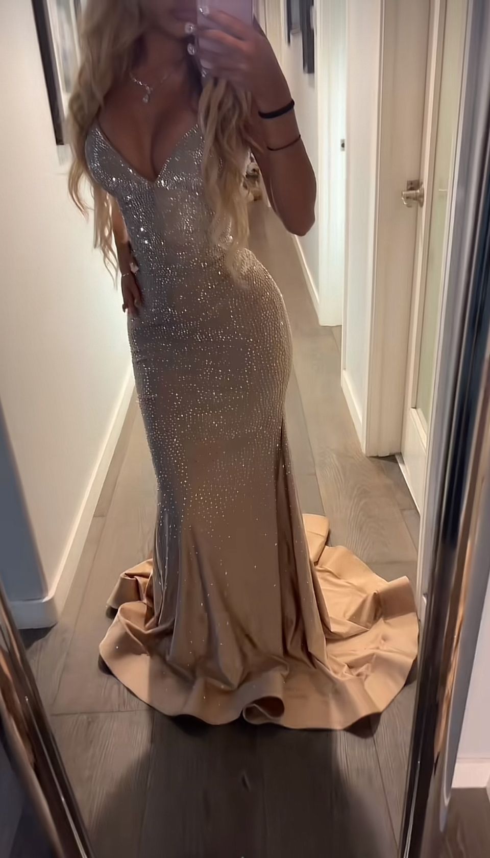 Sexy Mermaid V Neck Gold Satin Slit Prom Dress With Beads AB641