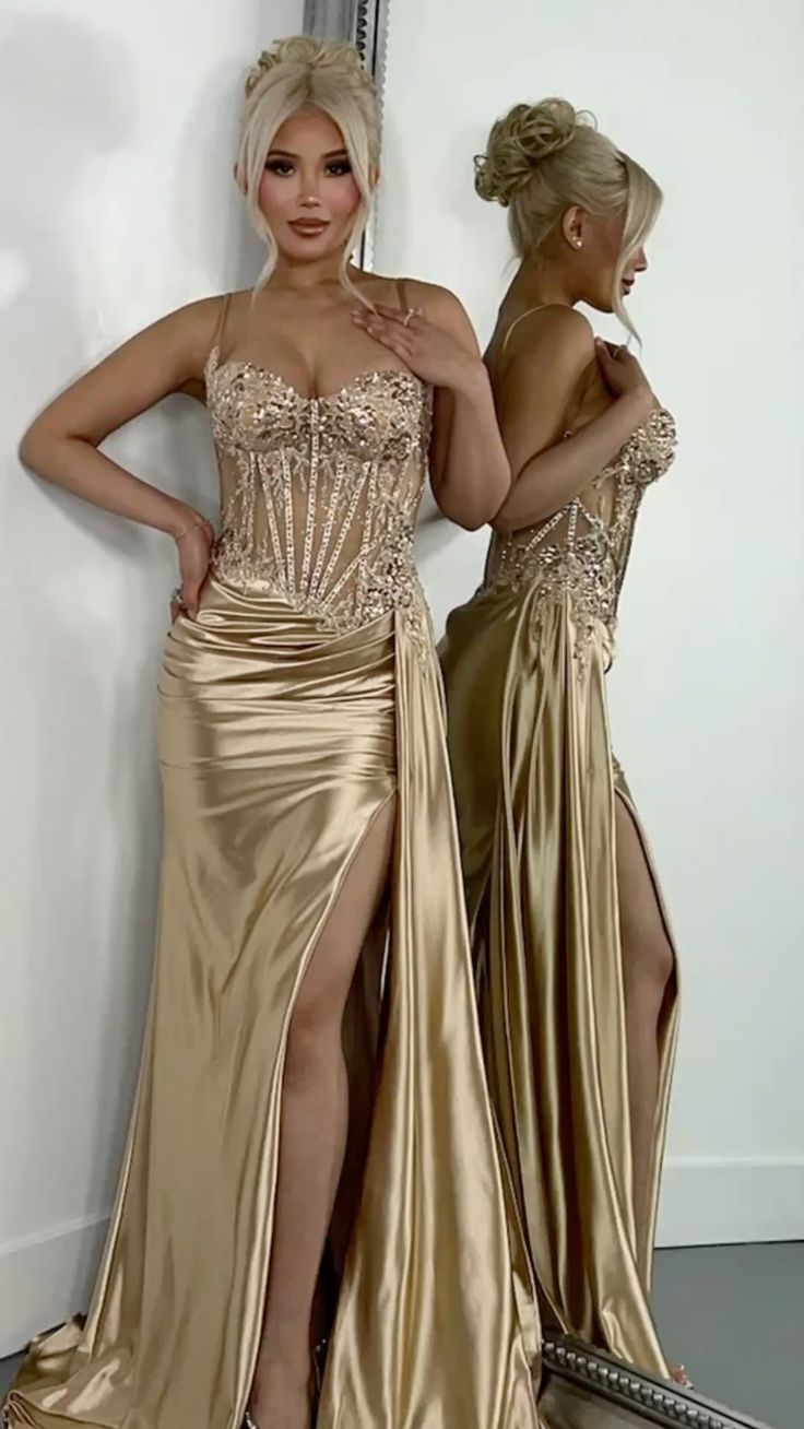 Mermaid Gold Prom Dresses Side Split Spaghetti Straps Sexy Special Dress Lace Appliques Beaded Party Gowns AB356