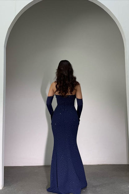 Classy Dark Navy Strapless Mermaid Prom Dress Detachable Sleeves With Beads Zipper Formal Gowns AB1925