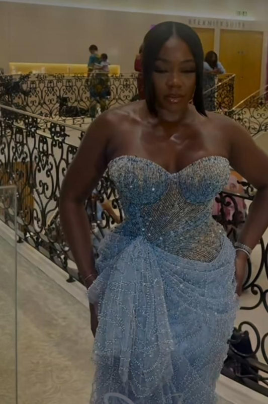 Sparkly Sweethart Blue Plus Size Long Party Dress Prom Dresses With Ruffles Mermaid Bodycon For Women N4090