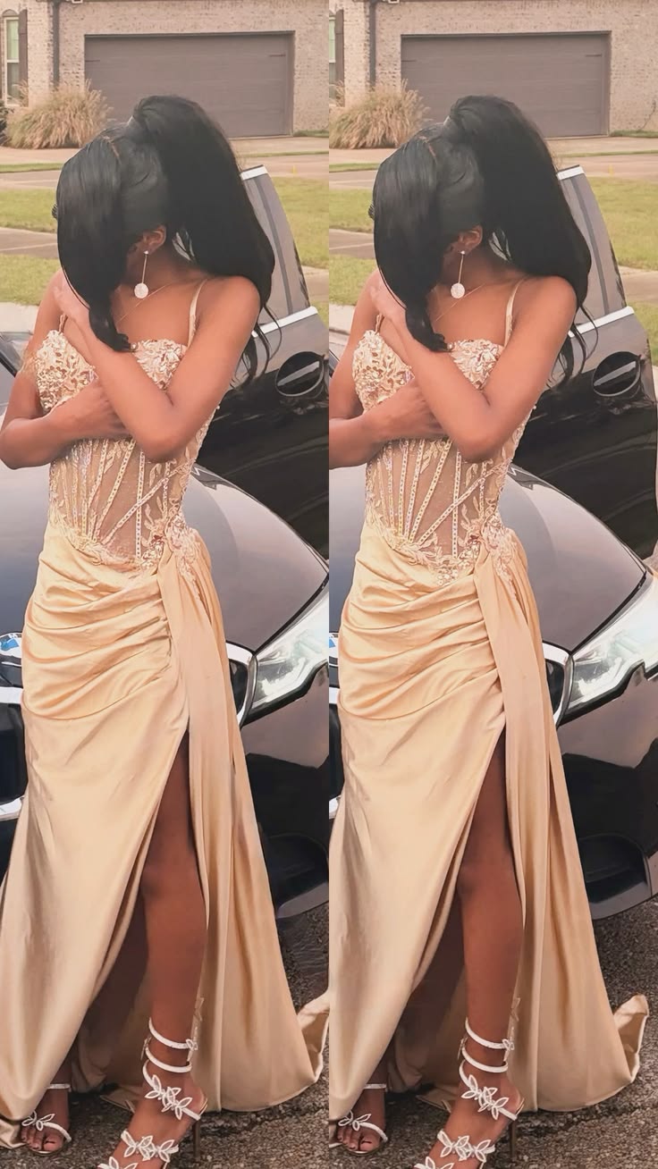 Sparkly Spaghetti Strap Champagne Long Party Dress Prom Dresses With Split Mermaid Evening Dinner Gown For Women N4089
