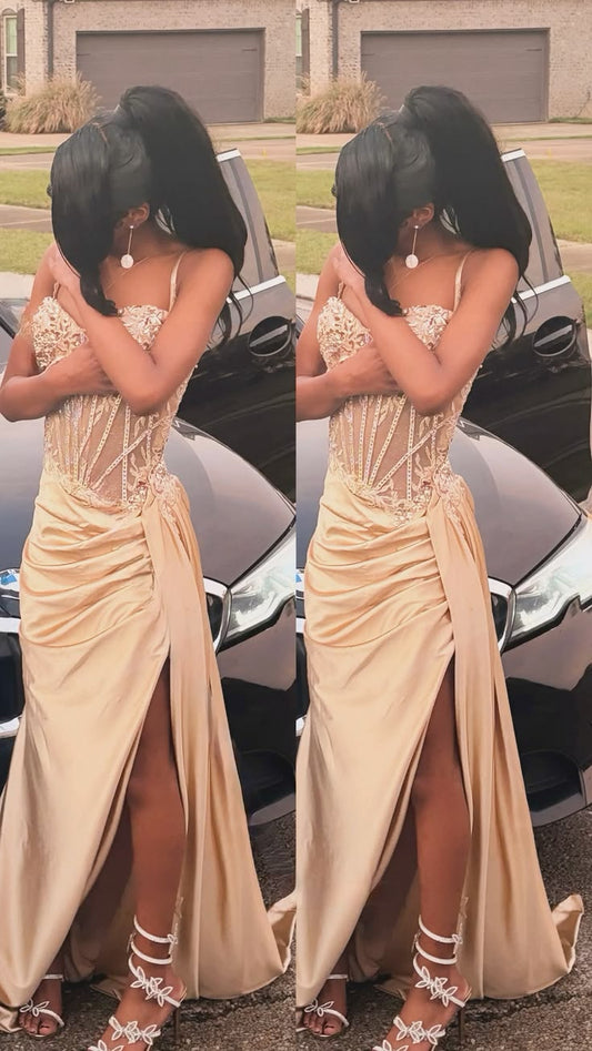 Sparkly Spaghetti Strap Champagne Long Party Dress Prom Dresses With Split Mermaid Evening Dinner Gown For Women N4089