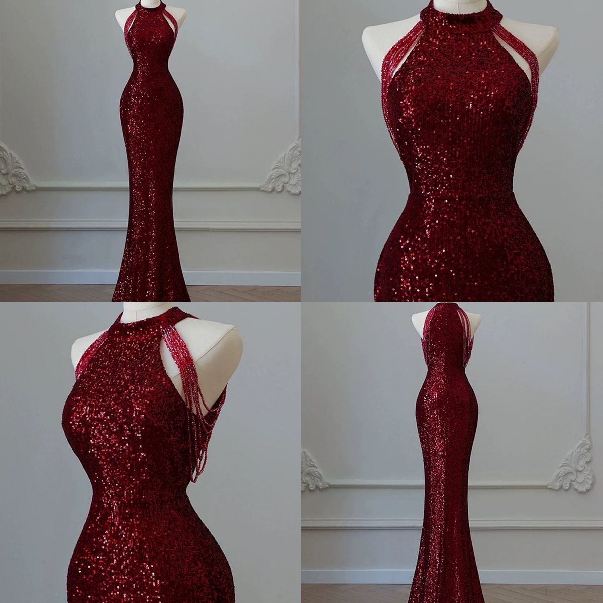 Sparkly Sequin Mermaid High Neck Burgundy Sequin With Beads Prom Dresses Inspiration Evening Gowns For Women Formal Party Prom Dress AB1191