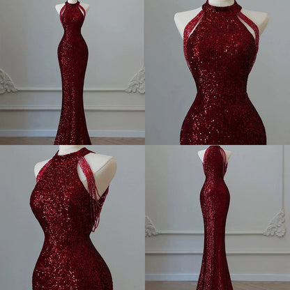 Sparkly Sequin Mermaid High Neck Burgundy Sequin With Beads Prom Dresses Inspiration Evening Gowns For Women Formal Party Prom Dress AB1191