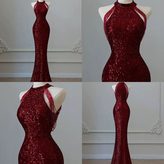 Sparkly Sequin Mermaid High Neck Burgundy Sequin With Beads Prom Dresses Inspiration Evening Gowns For Women Formal Party Prom Dress AB1191