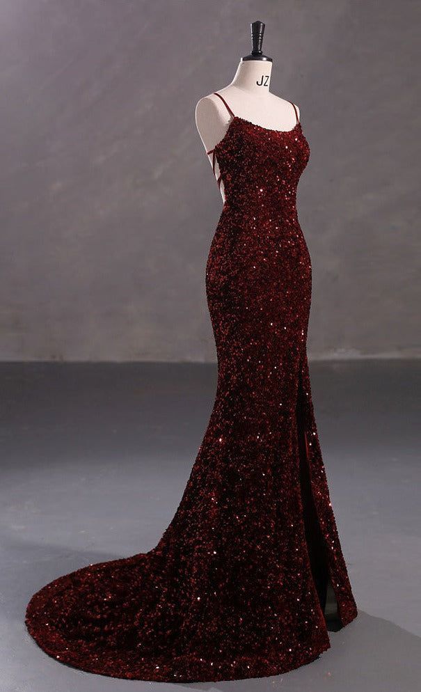Elegant Mermaid Spaghetti Straps Burgundy Sequin Backless Prom Dresses Inspiration Evening Gowns Formal Party Prom Dress AB1181